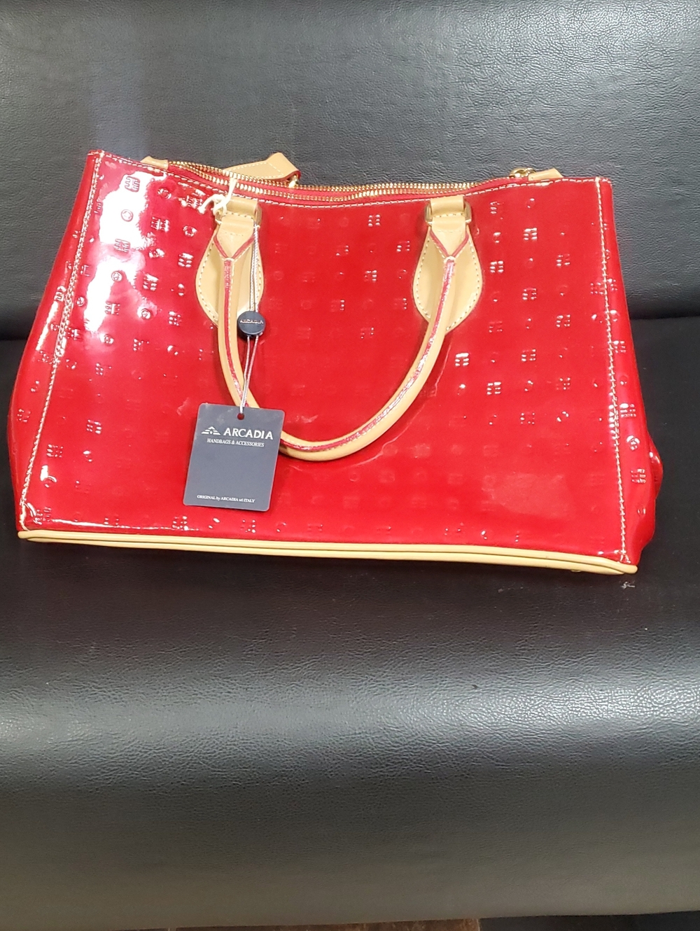 Arcadia Red Patent Tote with Beige Trim